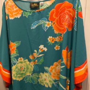 Bob Mackie Teal and Orange Floral Blouse